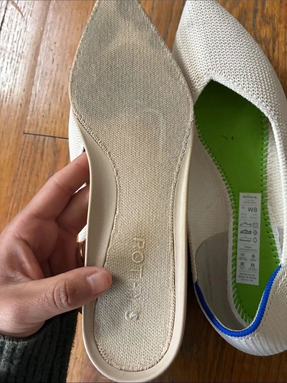 Rothy's Pointed Knit Flats in Cream with Blue Trim
